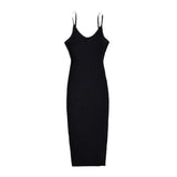 And Winter New Rib Flute Dress Elastic Tight Suspender Dress Knitted Dress-Outfit