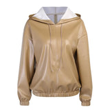 Faux Leather Hooded Women Streetwear Casual Winter Solid Vintage Sweatshirt 2021 Drawstring Hoodies Coat Pullover Top