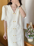 French Temperament Commute V Neck Raw Fringe Weave Small Fragrance Short Sleeve Dresses for Women Vestido De