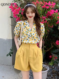 Summer Small Cute Sweet Floral Women's Shorts Sets Fashion Loose Bubble Short Puff Sleeve Shirt+wide Leg Shorts 2-piece