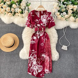 Casual Women Lace Patchwork Printed Bodycon Dress Ladies Office Elegant V-Neck Short Sleeve High Waist Vestidos With Sashes