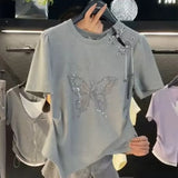 Chinese Round Neck Button Butterfly Short sleeved T-shirt Women Top New Fashion Loose Casual Versatile Summer Tshirts Top-Outfit