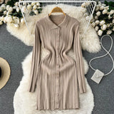 Autumn Striped Knitted Dress Women Lapel Button Sheath Warm Dress Ladies Fashion Solid Elastic Waist Sweater
