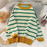Women Sweater Striped Casual Loose Pullover O-Neck All-Match Knitted Top Jumper Fall Long Sleeve Chic Knit