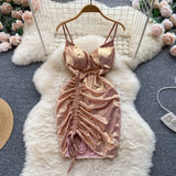 Summer Club Sexy Mini Dress Women V Neck Drawstring Design Sundress Laides Streetwear Shiny Sheath Strap