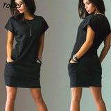 High Quality Summer Dress Women Casual Short Sleeve O Neck Mini Dress Pocket Loose Casual Female Dress