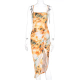 Tie Dye Ruched Women Midi Dress Strap Bodycon Bandage Slit Sexy Elegant Dresses Summer Sundress Streetwear New