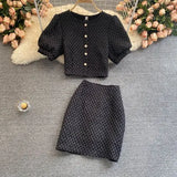 Summer Fashion Elegant Sweet Chic Women Skirt Sets Puff Sleeve Thin Suit with Skirt Short Top High Waist Skirt 2 Piece