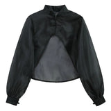 Japan Style Cropped Jacket New Women Thin Coat Korean Perspective Mesh Blouses Batwing Sleeve Blusas Mujer De Moda