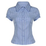 Striped Bubble Sleeve Blouse With Thin Waist And POLO Collar Button Cardigan Short Sleeved T-Shirt-Outfit