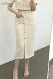 Korea Elegant Lapel Thin Tweed Small Suit Short Jacket + High Waist Chic Button Slim Womens Two Piece Skirt Sets Summer 425-1-Outfit