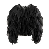 Elegant Patchwork Ruffles Chiffon Blouses Women O Neck Lantern Long Sleeve Loose Shirt Female Clothing