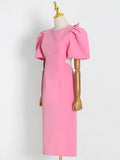 Pink Sexy Dress For Women Round Neck Puff Sleeve Patchwork Bowknot Backless High Waist Midi Dresses Female
