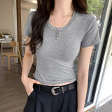 Version Of The New Solid Color U-Collar Short-Sleeved T-Shirt Women's 2024 New Spring And Summer Style Slim And Slim Blouse-Outfit
