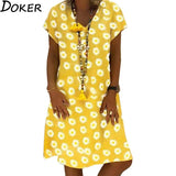 Summer Floral Summer Loose Dress Women V-neck Short Sleeve Plus Size Elegant Midi Dresses Beach Casual Boho Yellow