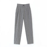 Elegant Full Length Plaid Pants Women Pleated Loose Lady Harem Pants Casual Houndstooth Wool Long Trousers