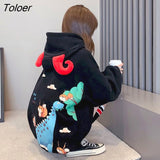 Autumn Winter New Hoodies Women Korean Plus Velvet Thick Hooded Jackets Women Student Loose Cartoon Calf Horn Kawaii