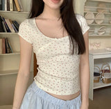 Bow Floral Print Short Sleeve Tee-Outfit