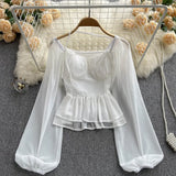 Print Halter Short Chiffon Blouse Women Slash Neck Fold Sheath Long Sleeve French Elastic Waist Streetwear Fashion
