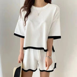 Style Women Tracksuit Knitted Suit 2022Summer Casual Loose Short Sleeve O-neck Pullover Tops+Fashion Shorts Two Piece