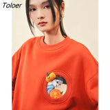 Women Sweatshirts Spring Autumn O Neck Loose Hoodies Cartoon Squirrel Print Cotton Lined Casual Chic