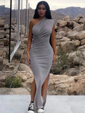 Summer Sleeveless White Casual Party Maxi Dresses For Women 2022 One Shoulder Ruched Side Split Red Black Bodycon