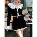 Piece Set Women Outfits Elegant Black Velvet Dress Set Long Sleeve Y2k Crop Top + Mini Skirts Korean Fashion Suit 2022