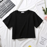 Summer Short Sleeve T Shirts Women Cotton Solid T-shirt O Neck High Waist Crop Top Tee Female Casual Loose T Shirt-Outfit