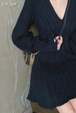 Lace-up Lantern Sleeve A-line Knitted Dress Temperament V-Neck Twist Pattern Knit Sweater Dress Women Autumn Winter
