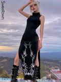 Black Off Shoulder Turtleneck Bodycon Goth Dress Dark Academic Aesthetic Girl Clothes High Split Sexy Party