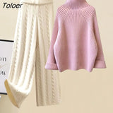 Warm Sweater Pants Womens Outfits Office Ladies Turtleneck Knitted Sweater+woolen Parkas Vest+wide Leg Knitting