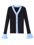 Fashion Women Knitted Cardigan V-neck Spliced Denim Flare Sleeve Contrast Color Sweater Coat Spring 2023 Trend New
