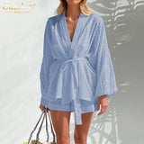 Fashion Long Sleeve Robes Top Two Piece Sets Womens Outifits Autumn Casual White Home Suit Elegant Shorts Women'S