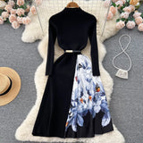 Print Patchwork Women Sweater Dress Half High Collar Rero Sashes Sheath Dress Winter Fashion Knitted A Line Long