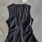 New V-Collar Pleated Asymmetrical Dress 1223501004-Outfit