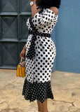 White and Black Polka Dot Cut Out Shoulder Mermaid Midi