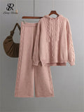 Drawstring Hooded Women Knitted Sets Irregular Loose Sweater+Casual Wide Leg Long Pants Winter Warm Two Pieces