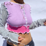 8 Colors Sexy Hollow Out Women Long Sleeve Crop Tops Striped Patchwork Drawstring Ribbed Bandage Fitness