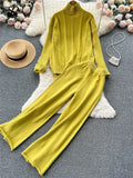 Women Casual Turtleneck Knit Two Pieces Suits Irregular Sweater+Rolled Wide Leg Midi Long Pant Solid Winter Warm