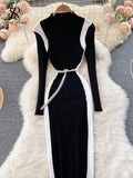 Panelled Sweater Dress 2022 Women Stand Neck Long Sleeve Senior Fashion Pearl Belt Slim Party Midi Long Knitte