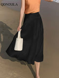 Summer New Women's Skirts Fashion Elegant Acetic Acid Fabric Midi Length High Waist Streetwear Satin Thin White Woman