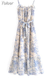 2023 New French Spaghetti Strap Ruffle Elastic Belt Lace-Up Floral Print Women Dress Zipper Camisole