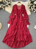 Bohemian Beach Long Dress Summer Women 2022 Ruched Long Sleeves V Neck Elegant Elastic Waist A Line Beach