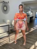 Summer Streetwear 2 Two Piece Sets Outfits Tracksuit Women Short Sleeve Crop Top Skinny Shorts Print 3D Matching Sets