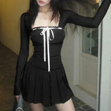 Women Sweet Lace Trim Bow Pleated Dress Mini Coquette Korean Fashion Square Neck Autumn Dress Clothes Kawaii Lolita-Outfit