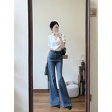 Summer French White Lace Stitching Design Shirt Women Commuting Micro-Rave Jeans Two-Piece