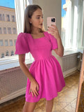 Crepe Elegant Woman Party Dresses Puff Sleeve A-Line Short Dress Spring Chic Ruched Dress High Waisted Dresses