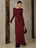 New Women's Fashion Temperament Wine Red Dress Metal Accessories