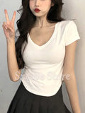 Short Sleeve Tshirt Women Summer 2022 Pure Color Slim Y2k Crop Tops Female Irregular Basic Tees Outwear Elegant