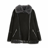 VAREY LIN Winter Women New Overcoat Faux Leather Fur Splicing Leather Coat Moto Bike Loose Jacket Snow Warm Outwear with